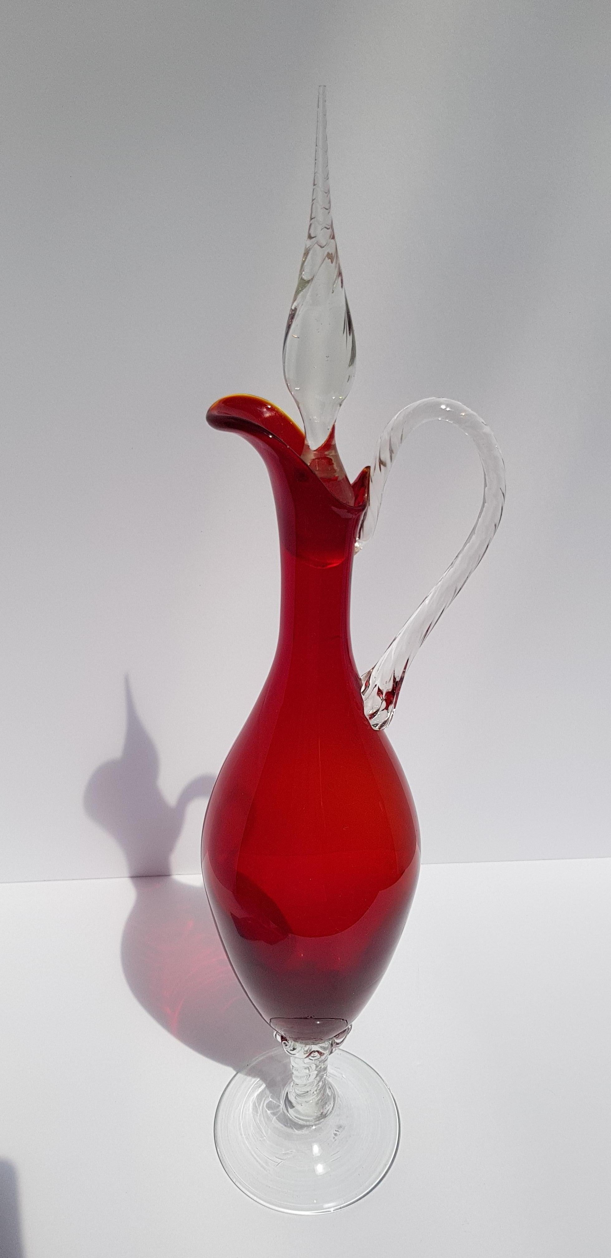 Italian Art Glass Empoli Decanter Ewer Cruet Vase Bottle w Stopper Ruby Red For Sale 2