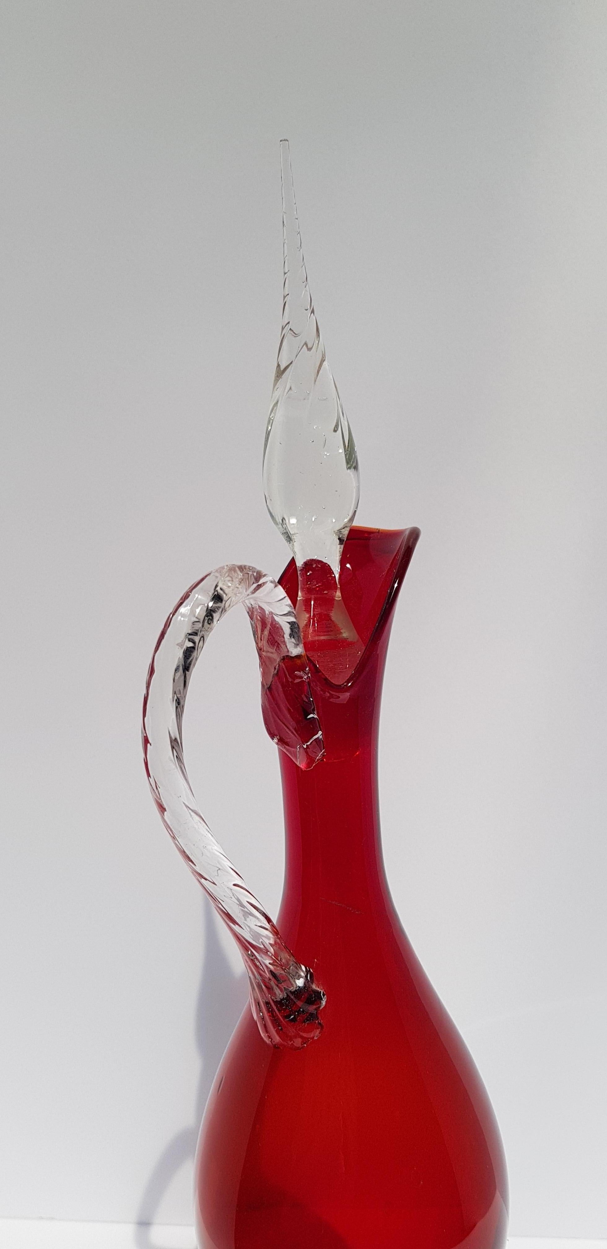 Italian Art Glass Empoli Decanter Ewer Cruet Vase Bottle w Stopper Ruby Red For Sale 3