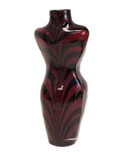 Italian Art Glass Female Torso Vase Maroon & Black Stripes, Mid Century