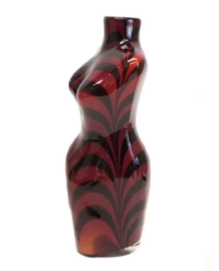 Italian Art Glass Female Torso Vase Maroon & Black Stripes, Mid Century In Good Condition For Sale In Gardena, CA