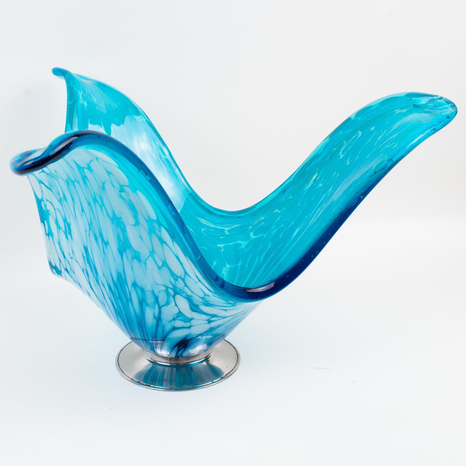 Italian Art Glass Murano Blue and White Sculptural Bowl Vase Centerpiece For Sale 4