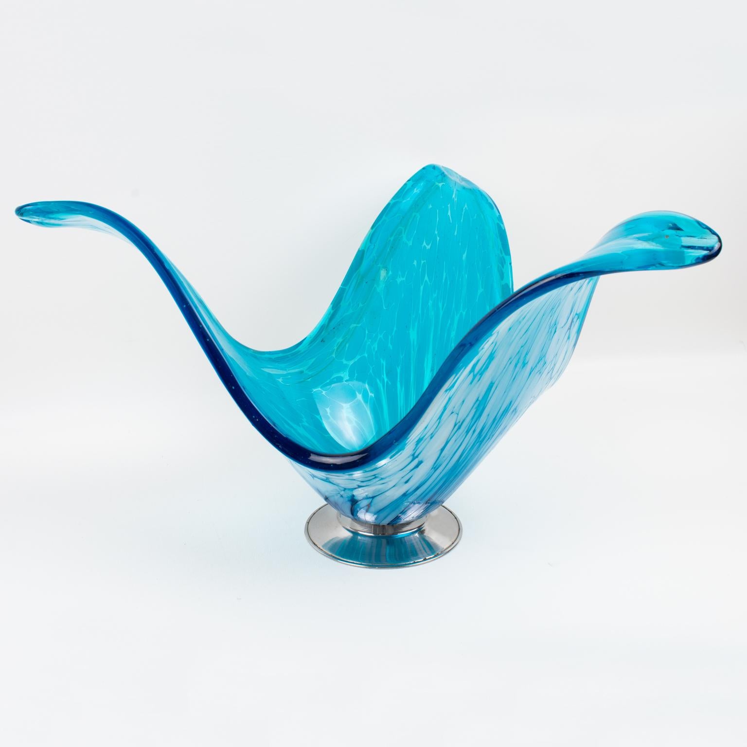 Italian Art Glass Murano Blue and White Sculptural Bowl Vase Centerpiece For Sale 5