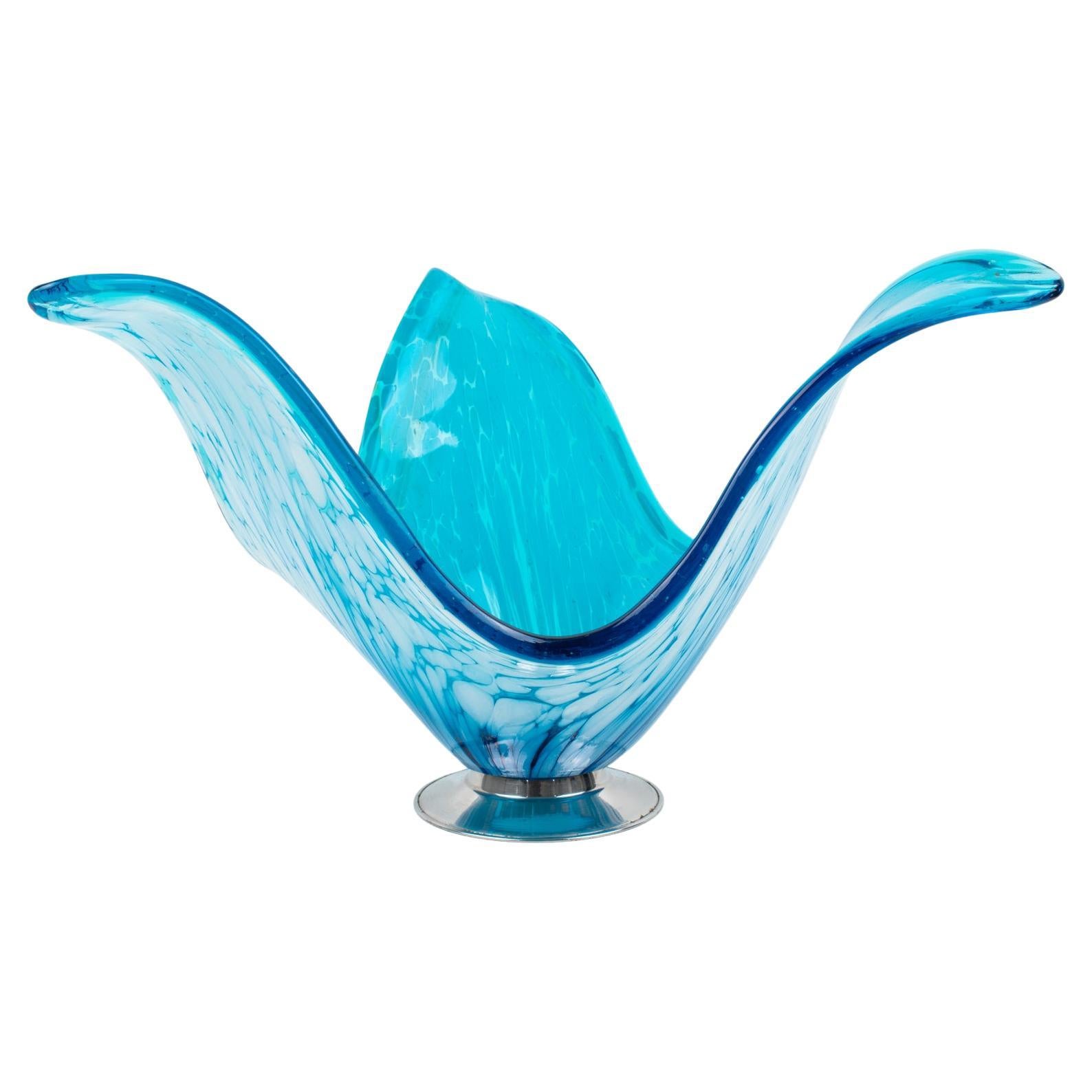 Italian Art Glass Murano Blue and White Sculptural Bowl Vase Centerpiece For Sale