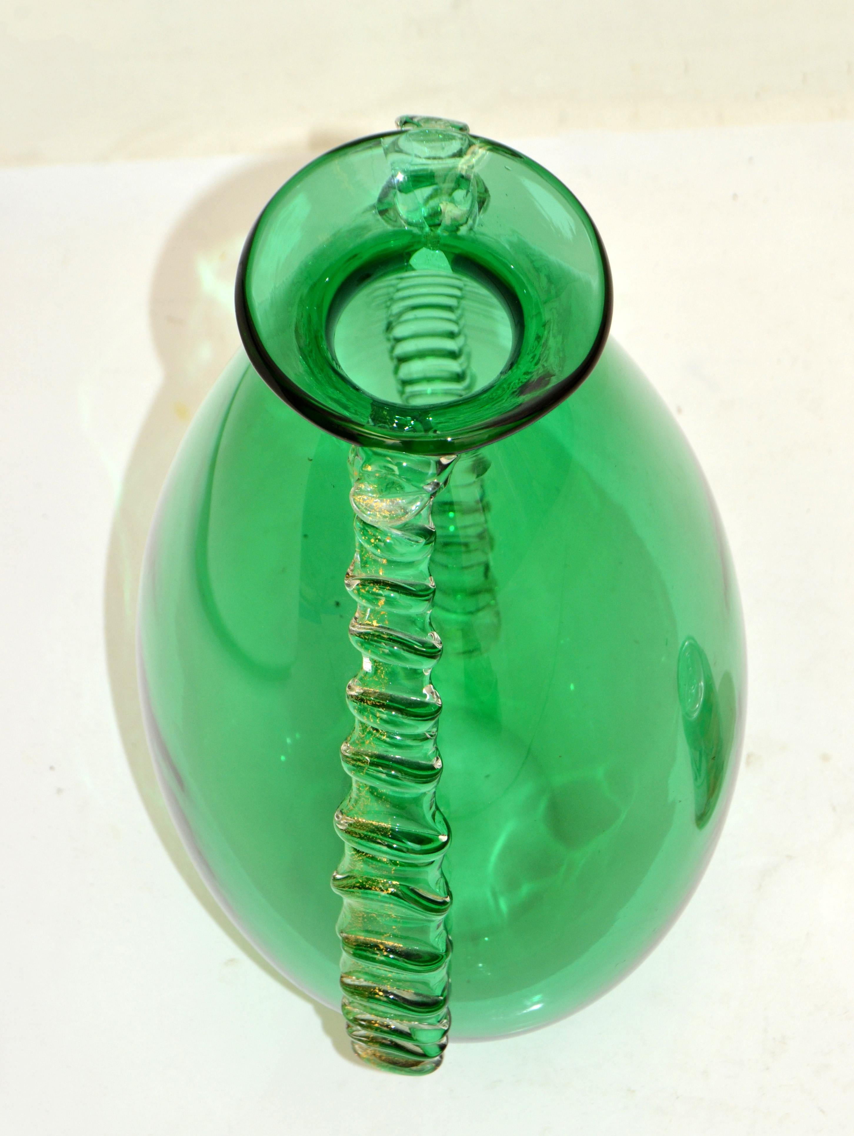 Italian Art Glass Vase Pino Signoretto Style Blown Green Murano Glass Gold Inlay For Sale 7