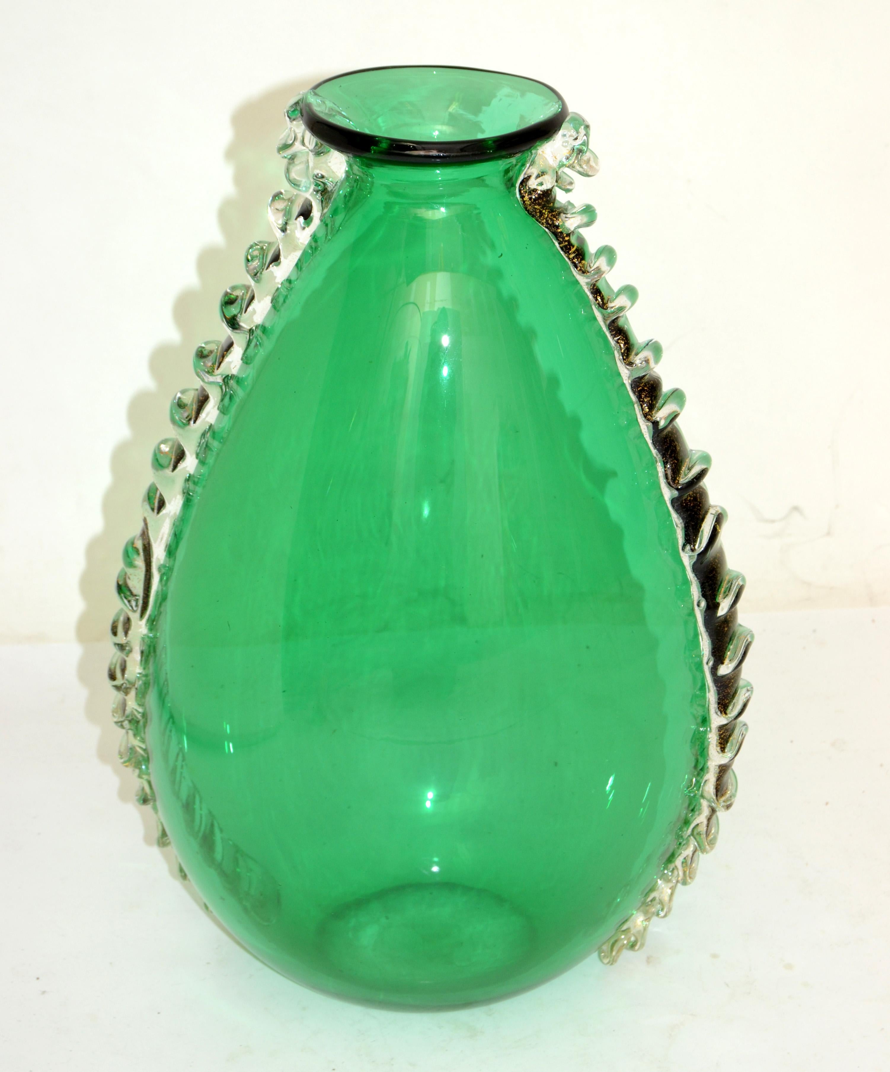 Italian Art Glass Vase Pino Signoretto Style Blown Green Murano Glass Gold Inlay For Sale 9
