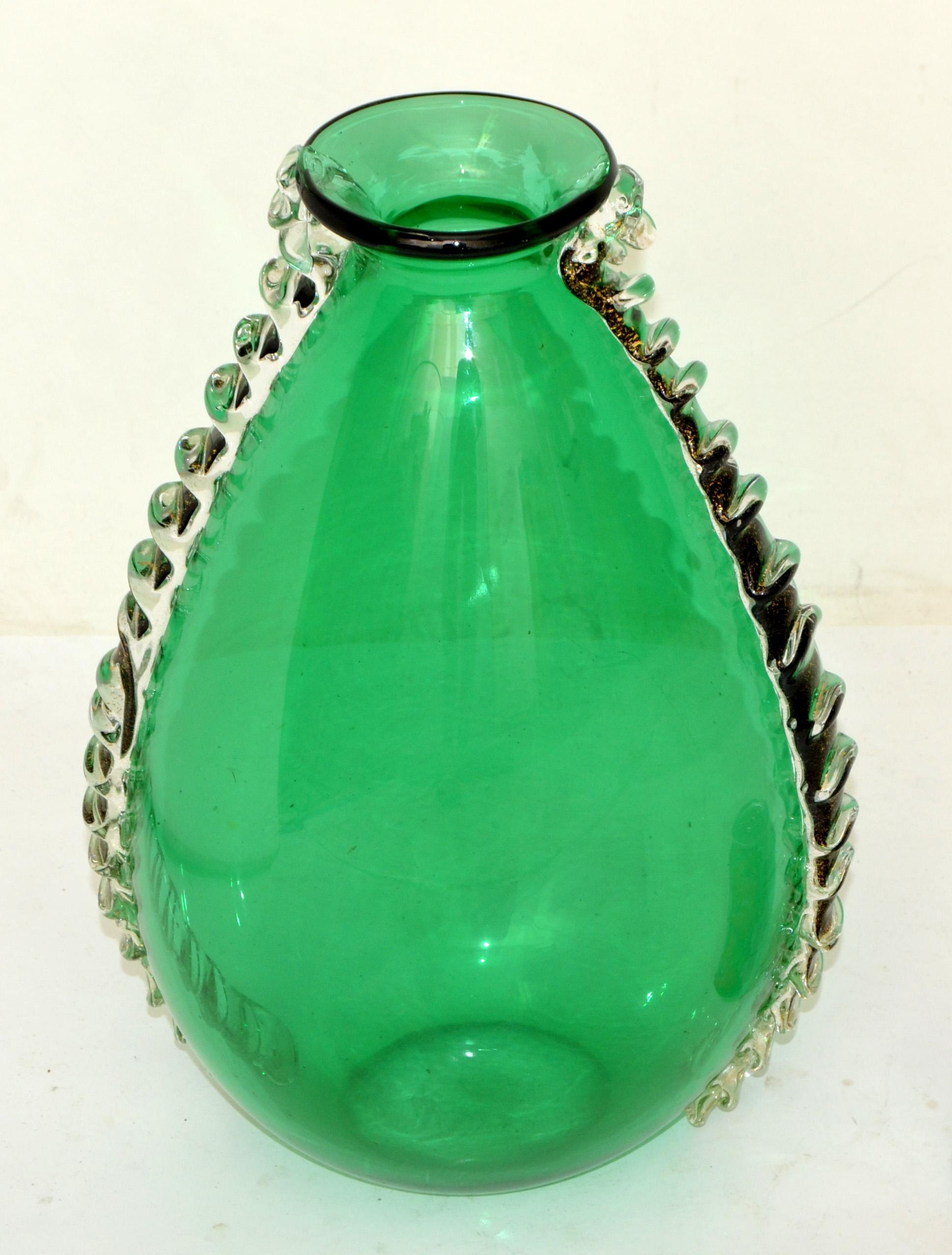 Italian Art Glass Vase Pino Signoretto Style Blown Green Murano Glass Gold Inlay For Sale 10