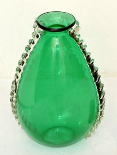 Italian Art Glass Vase Pino Signoretto Style Blown Green Murano Glass Gold Inlay