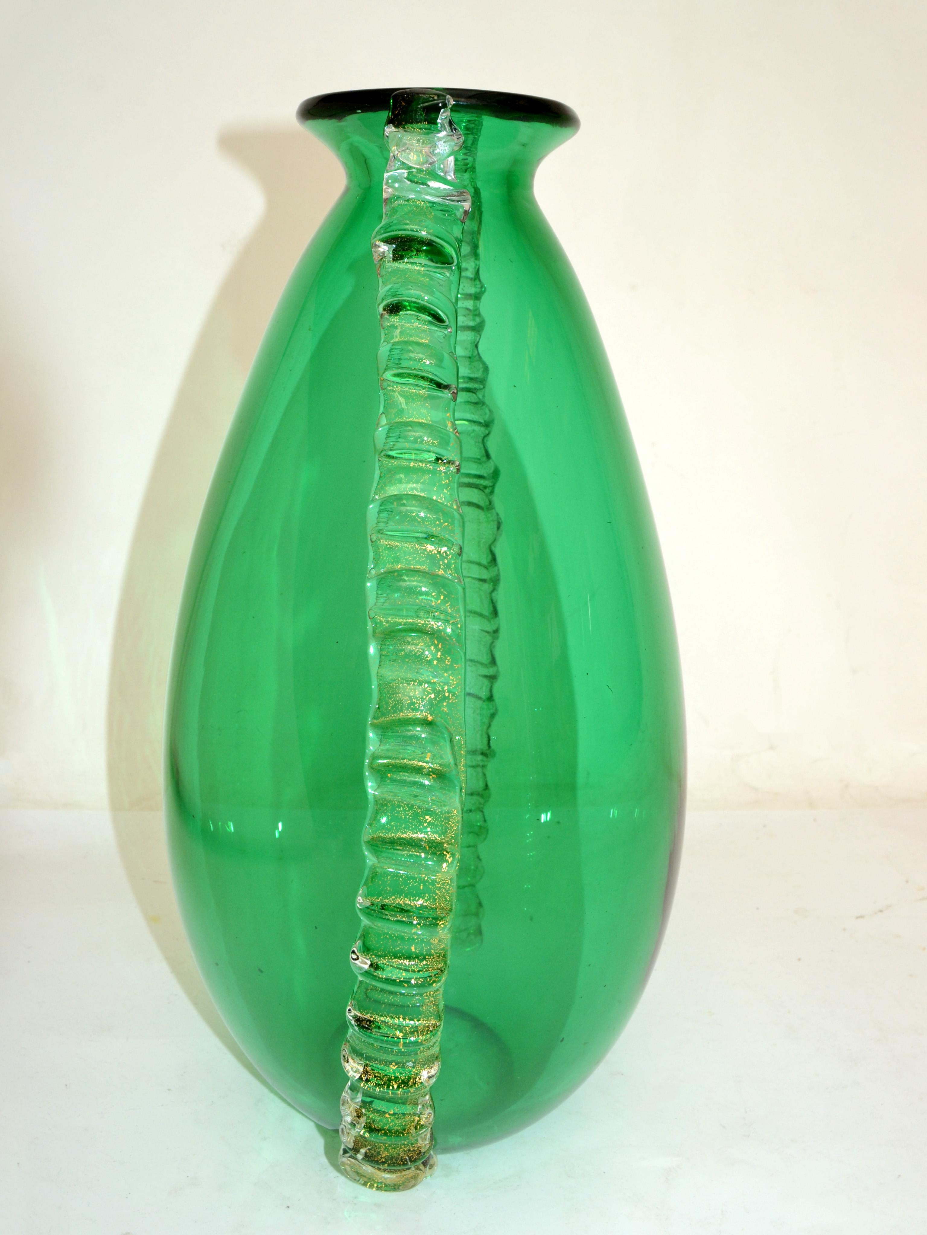 Italian Art Glass Vase Pino Signoretto Style Blown Green Murano Glass Gold Inlay For Sale 1