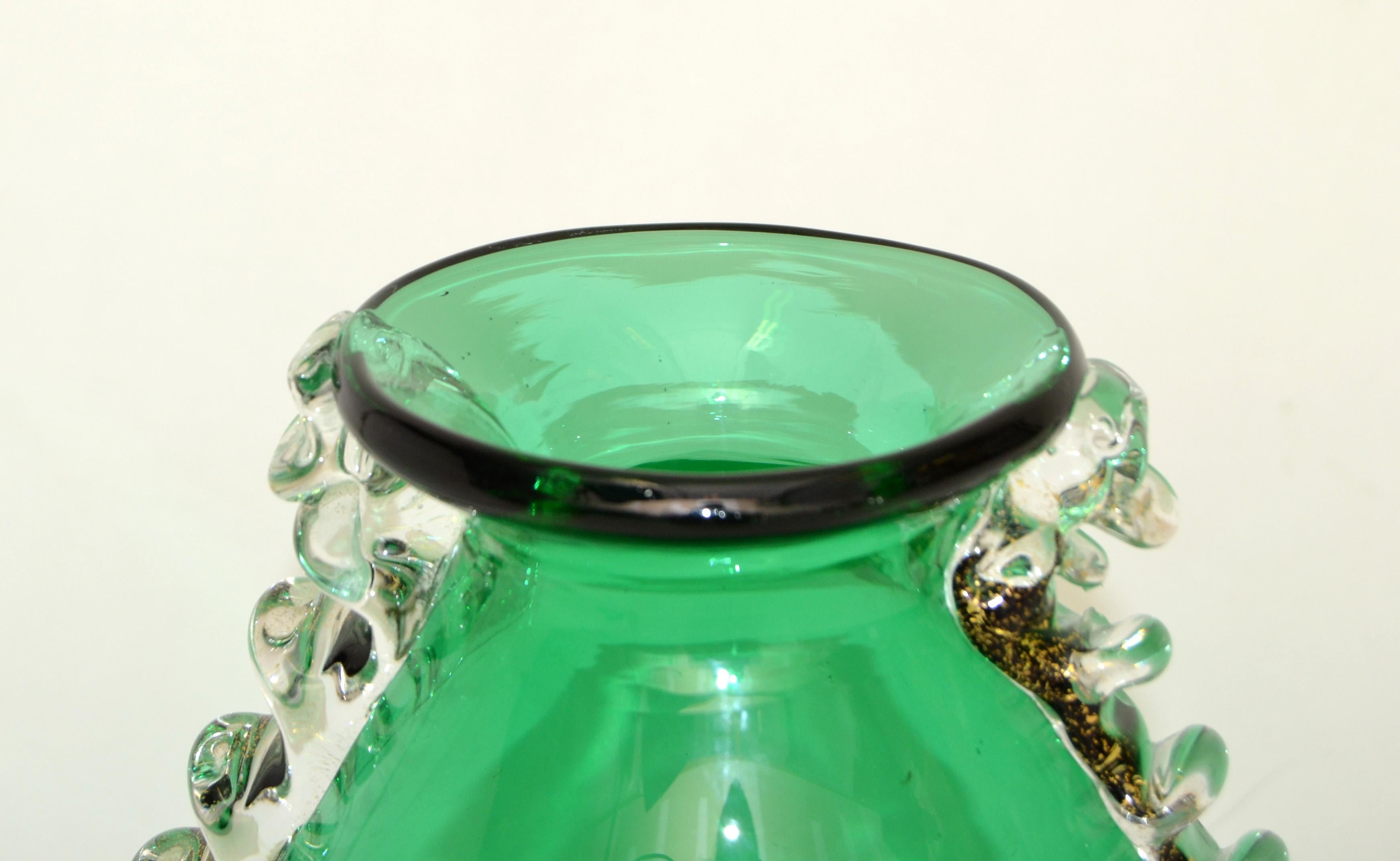 Italian Art Glass Vase Pino Signoretto Style Blown Green Murano Glass Gold Inlay For Sale 2
