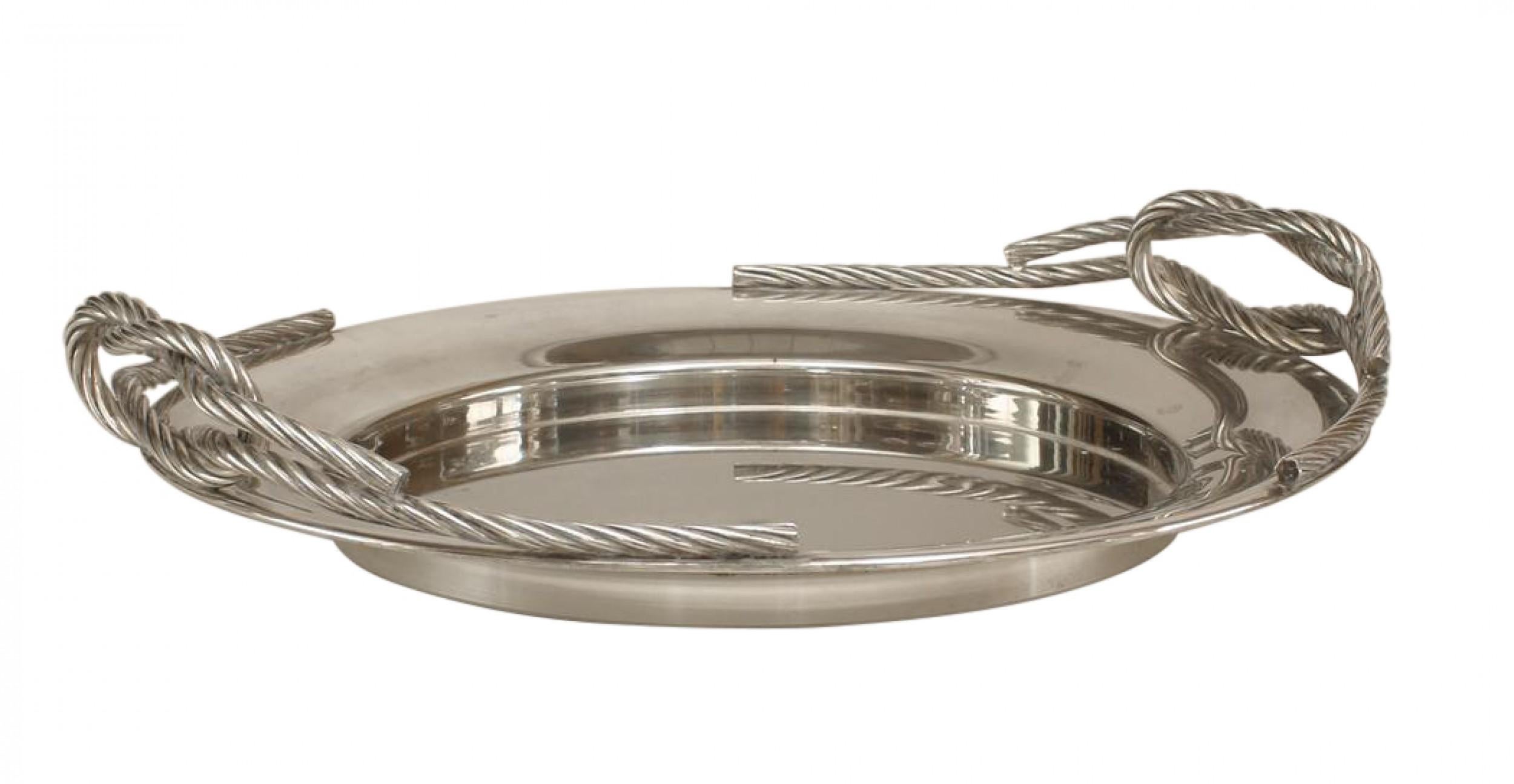 Bandeja redonda de plata italiana Art Moderne con asas en forma de cuerda entrelazada