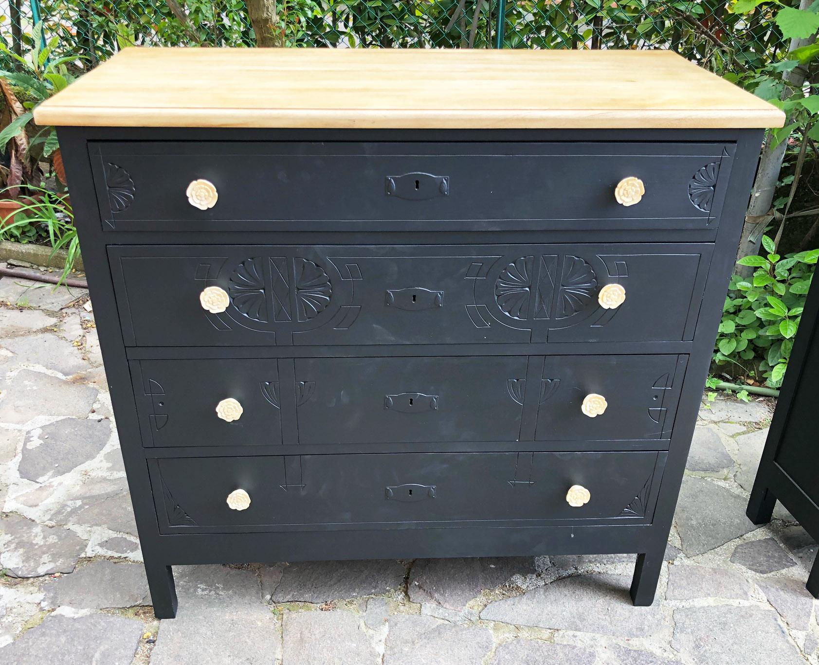 Italian Art Nouveau 1920 set of dresser and two custom night stands, hand carved.
Original set consisting of right and left nightstand with coordinated chest of drawers, customized black color and light top, special handles.
The furniture structure