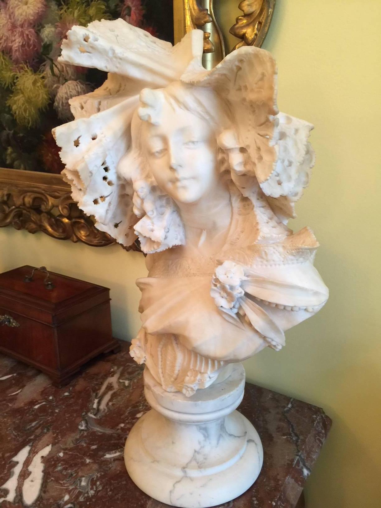 Italian Art Nouveau Alabaster Marble and Bust of a Beautiful Young Woman In Good Condition In Lambertville, NJ