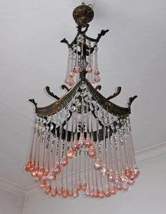 Italian Art Nouveau & Art Deco Murano Pink Crystals Tear Drop Bronze Chandelier