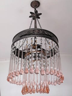 Italian Art Nouveau and Art Deco Murano Pink Crystals Tear Drop Chandelier c1930