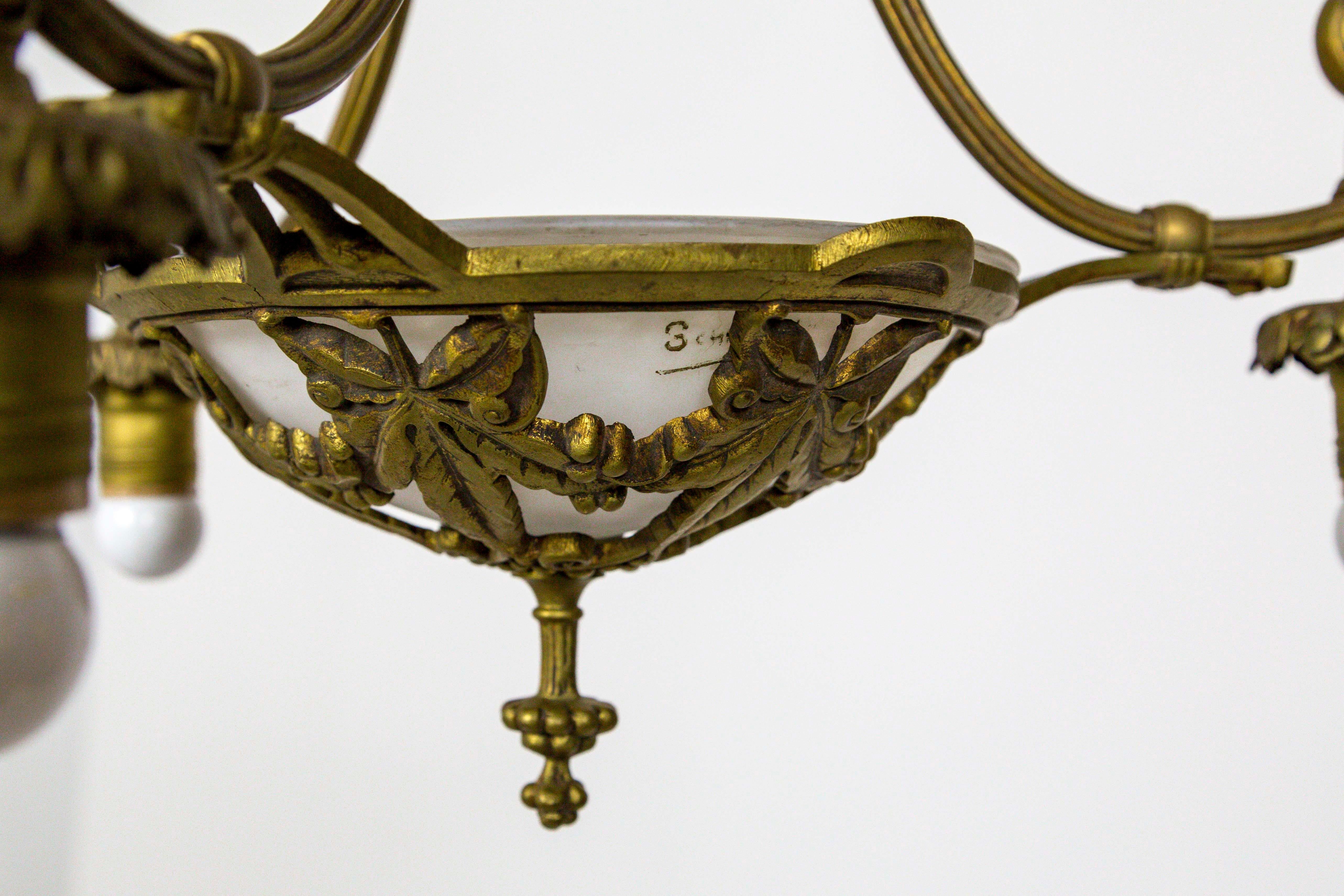 Italian Art Nouveau Brass Pendant with Leaf and Berry Motif and Glass Bowl In Good Condition In San Francisco, CA