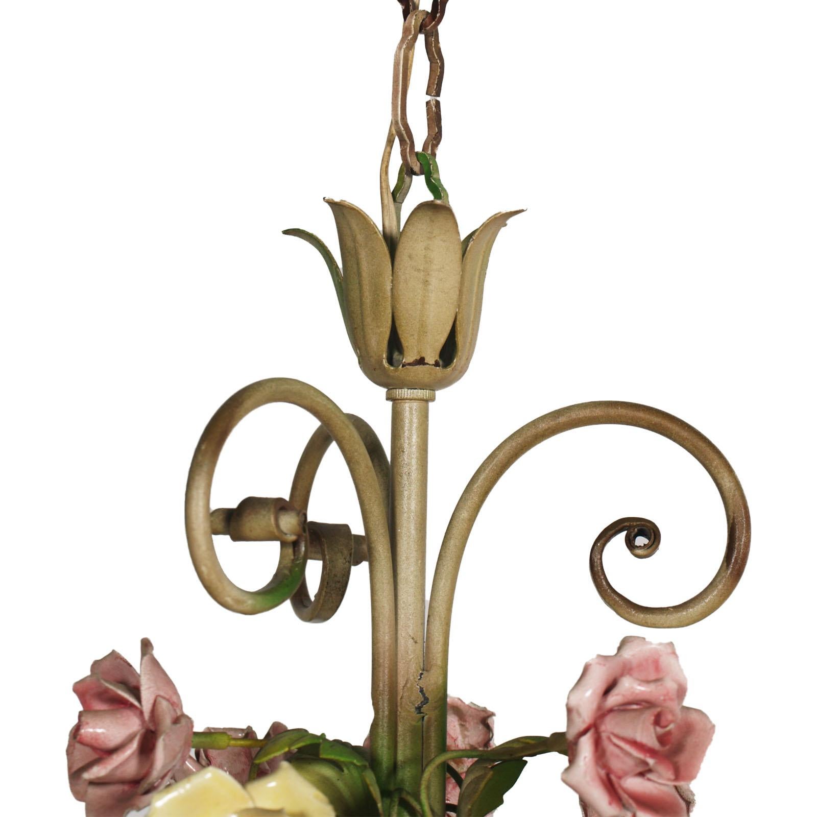 Italian Art Nouveau Ceiling Chandelier Painted Iron & Polychrome Ceramic Bassano For Sale 1