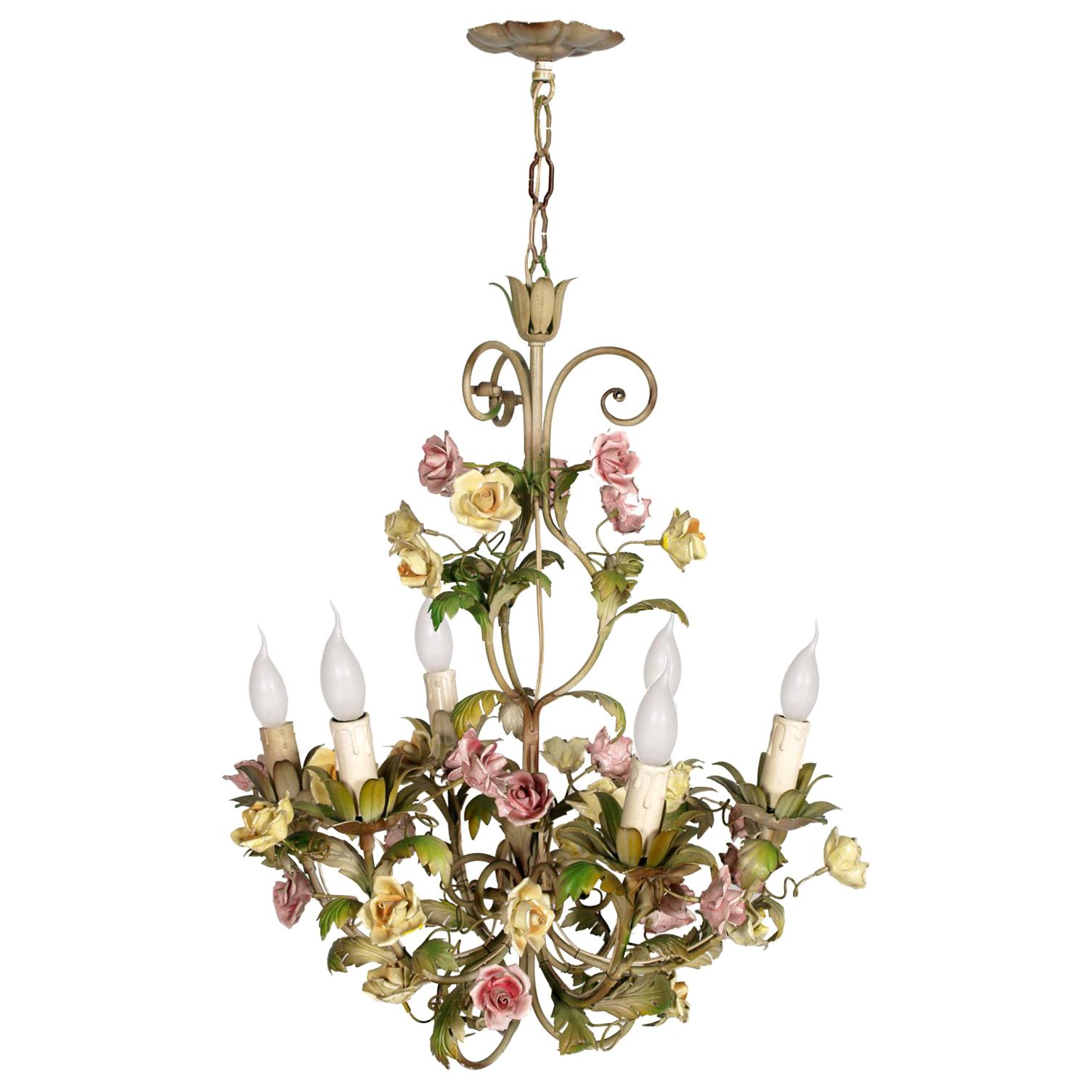 Lampadario da soffitto Art Nouveau italiano in ferro dipinto e ceramica policroma Bassano