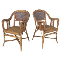 Italian Art Nouveau chairs with armrest in rattan light blue rattan, early 1900s