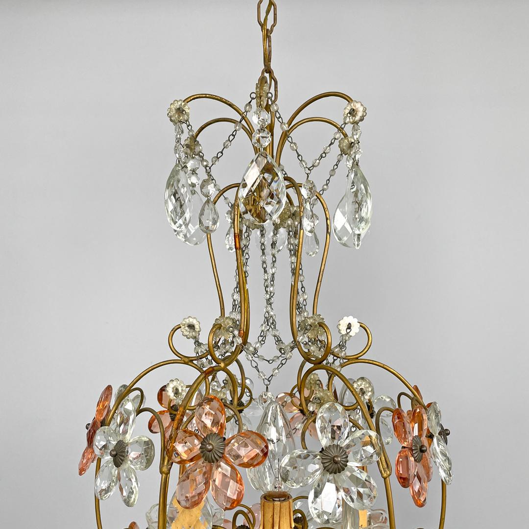 Lampadario italiano in stile Art Nouveau in vetro rosa e trasparente e ottone, inizio '900 in vendita 6