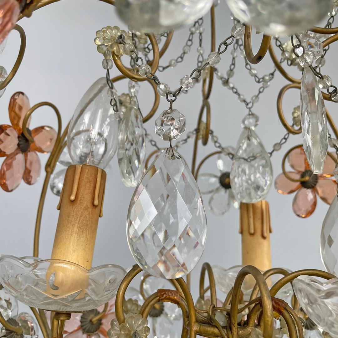 Lampadario italiano in stile Art Nouveau in vetro rosa e trasparente e ottone, inizio '900 in vendita 7