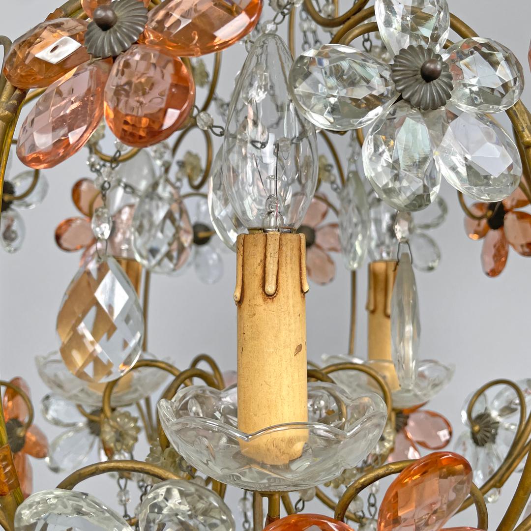 Lampadario italiano in stile Art Nouveau in vetro rosa e trasparente e ottone, inizio '900 in vendita 8