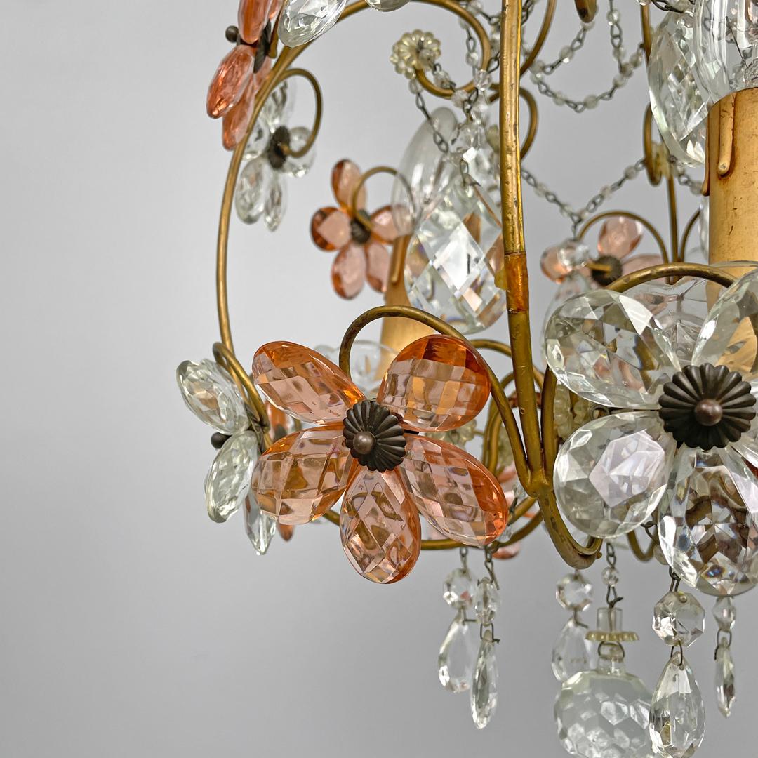 Lampadario italiano in stile Art Nouveau in vetro rosa e trasparente e ottone, inizio '900 in vendita 10