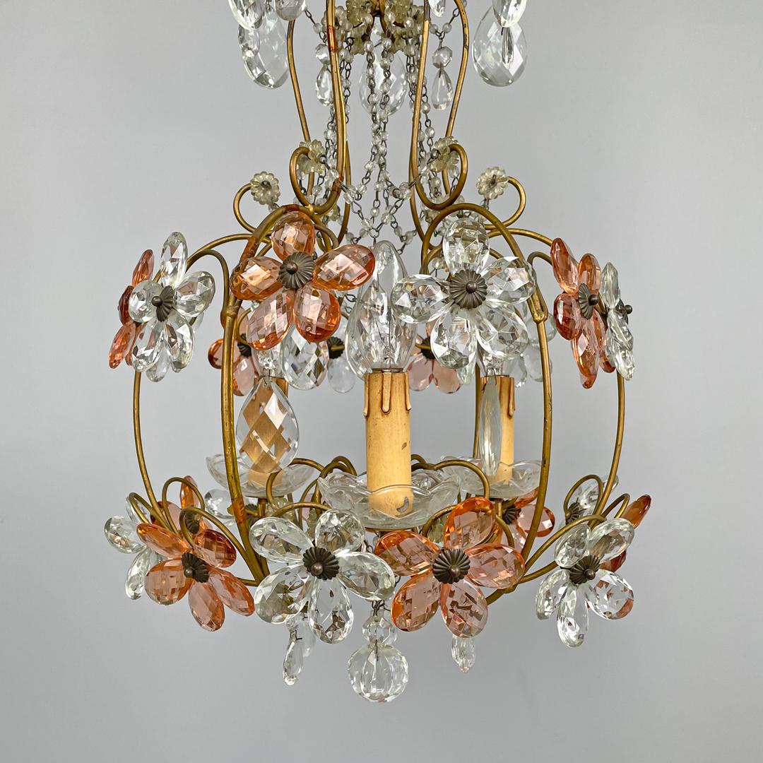 Lampadario italiano in stile Art Nouveau in vetro rosa e trasparente e ottone, inizio '900 in vendita 11