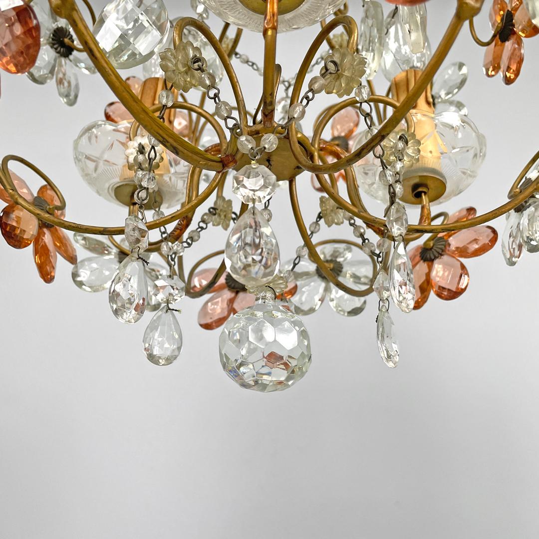 Lampadario italiano in stile Art Nouveau in vetro rosa e trasparente e ottone, inizio '900 in vendita 13