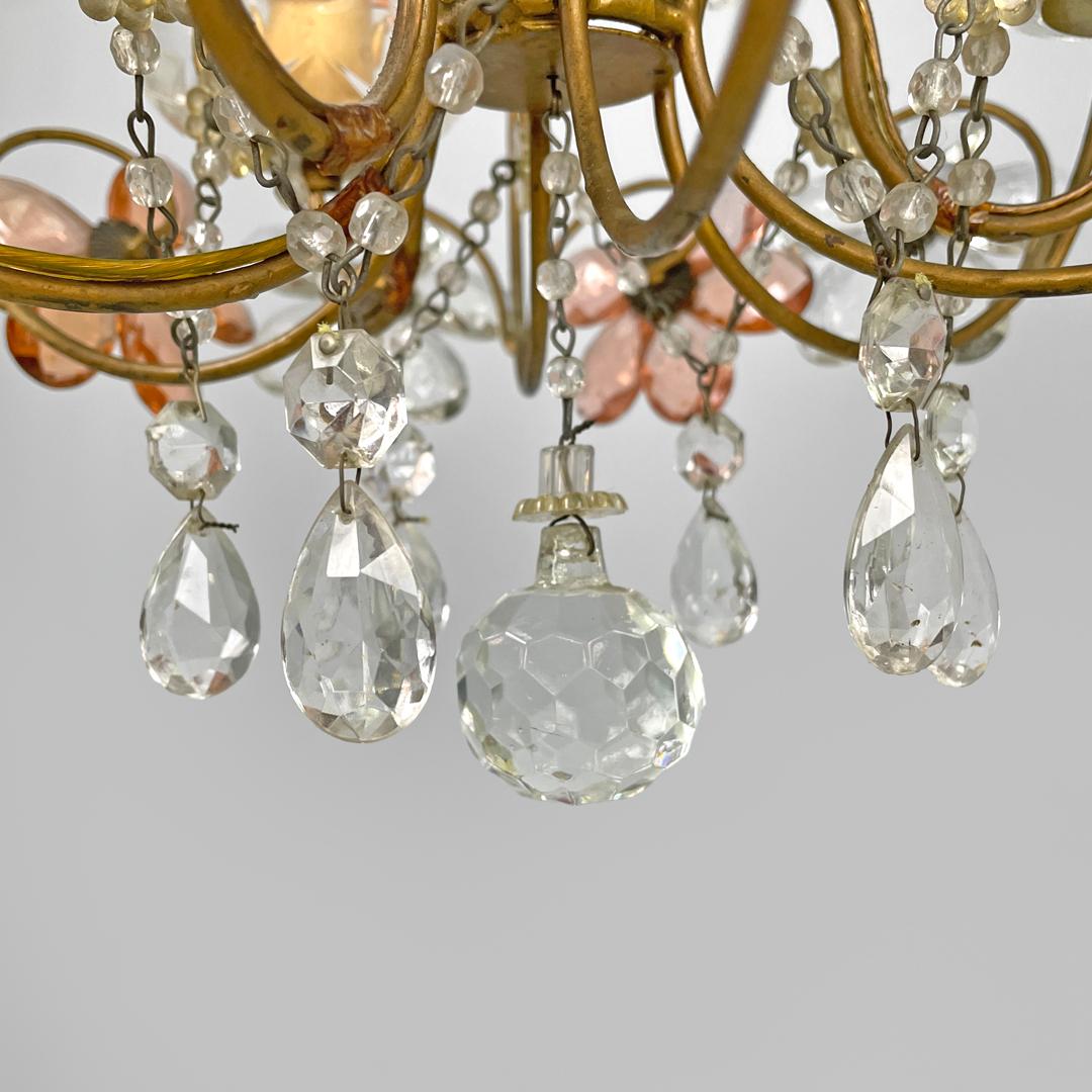 Lampadario italiano in stile Art Nouveau in vetro rosa e trasparente e ottone, inizio '900 in vendita 14