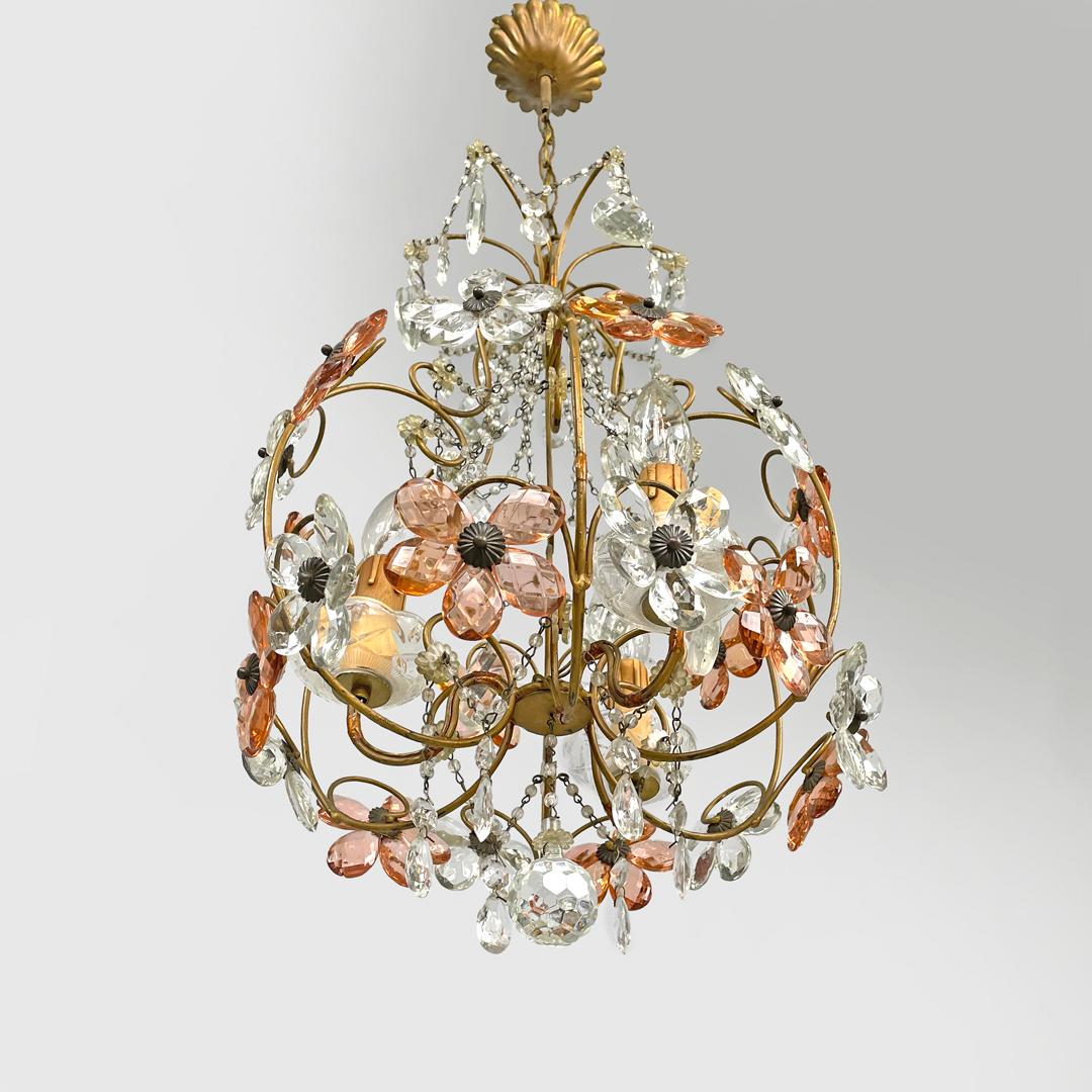 Italiano Lampadario italiano in stile Art Nouveau in vetro rosa e trasparente e ottone, inizio '900 in vendita