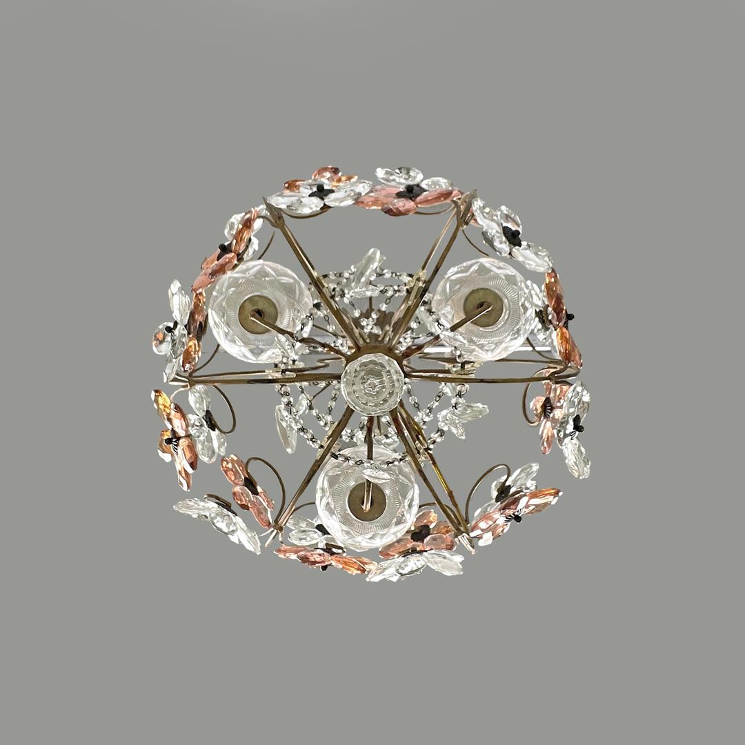 Lampadario italiano in stile Art Nouveau in vetro rosa e trasparente e ottone, inizio '900 In condizioni buone in vendita a MIlano, IT