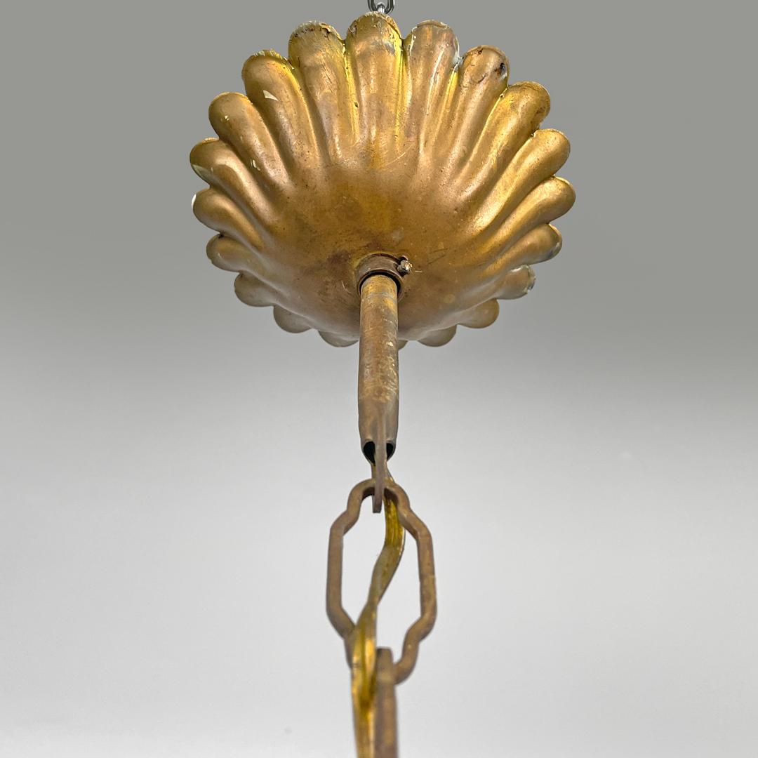 Ottone Lampadario italiano in stile Art Nouveau in vetro rosa e trasparente e ottone, inizio '900 in vendita