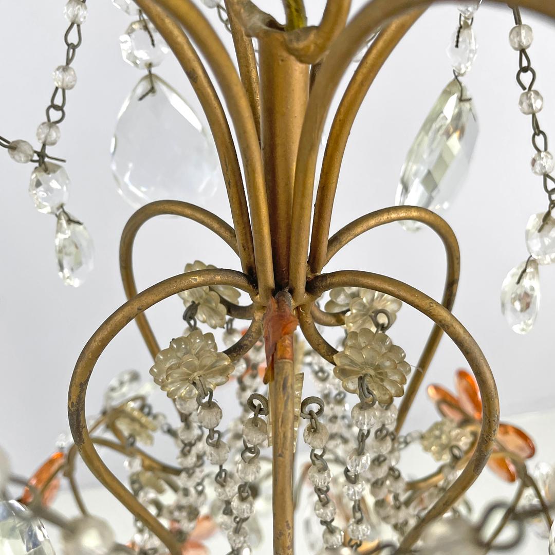 Lampadario italiano in stile Art Nouveau in vetro rosa e trasparente e ottone, inizio '900 in vendita 2