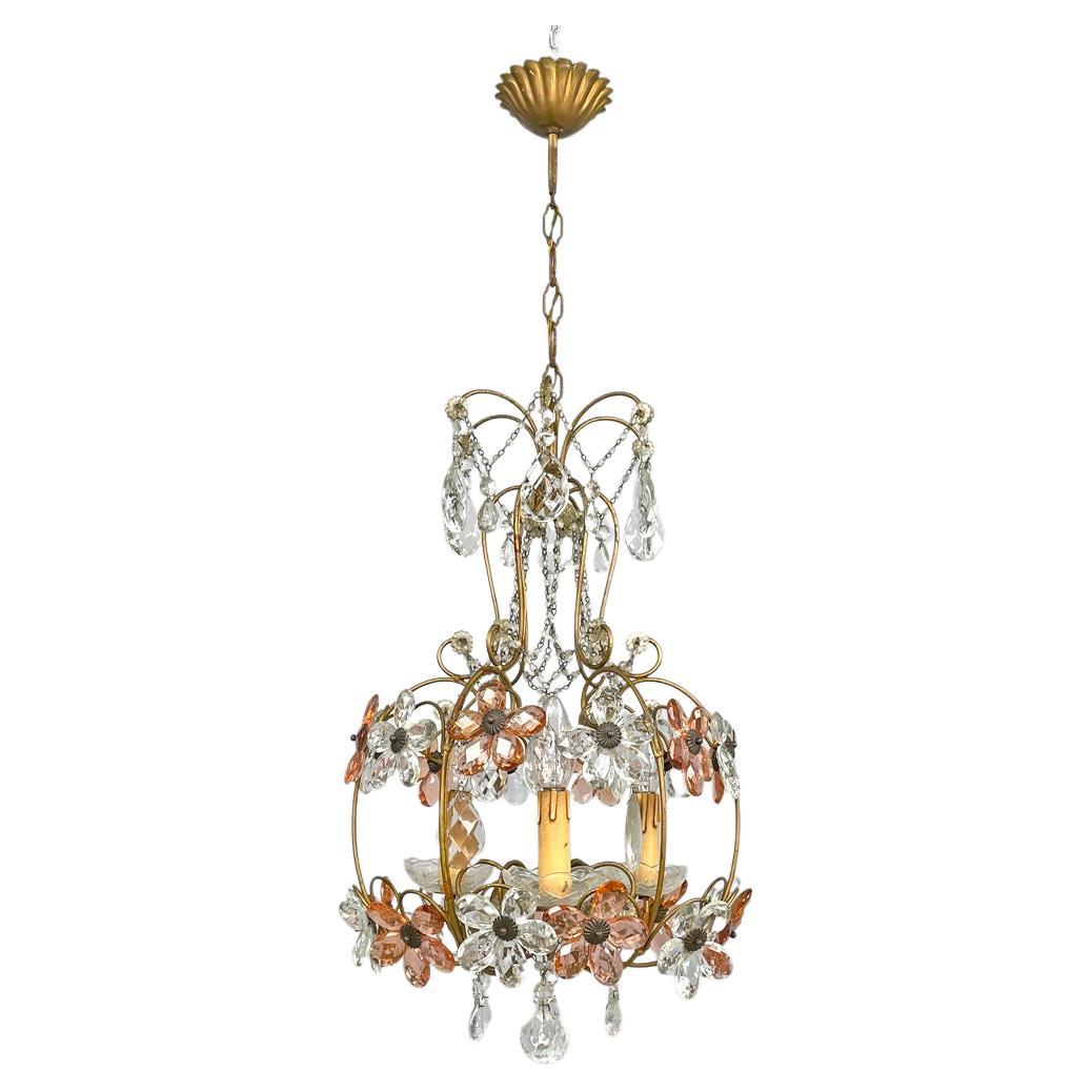 Italian Art Nouveau chandelier in pink and clear glass and brass, early 1900s