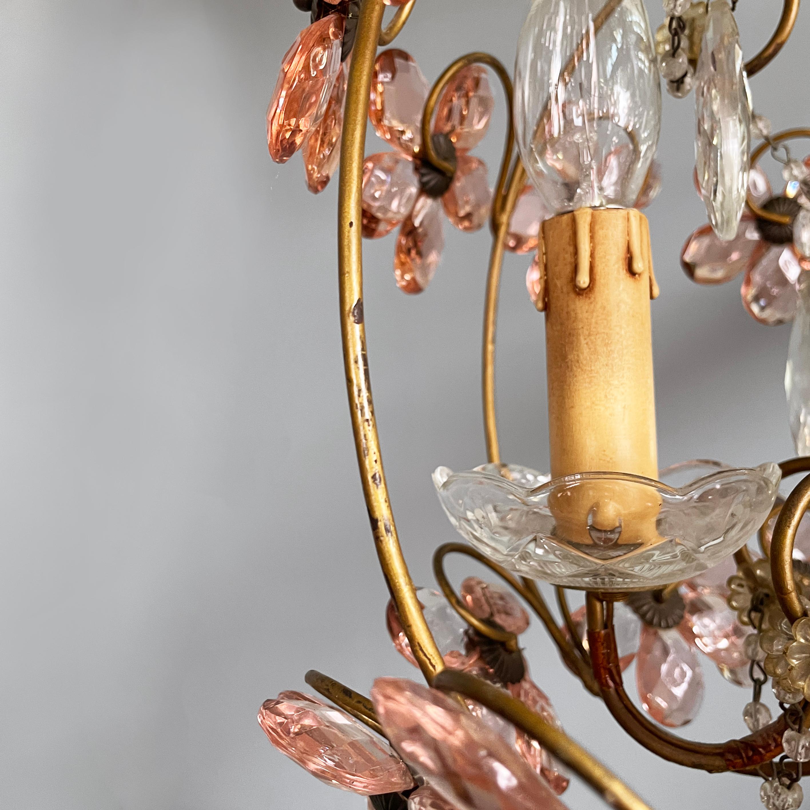 Lampadari italiani in stile Art Nouveau in vetro rosa di Murano e ottone, inizio '900 in vendita 4