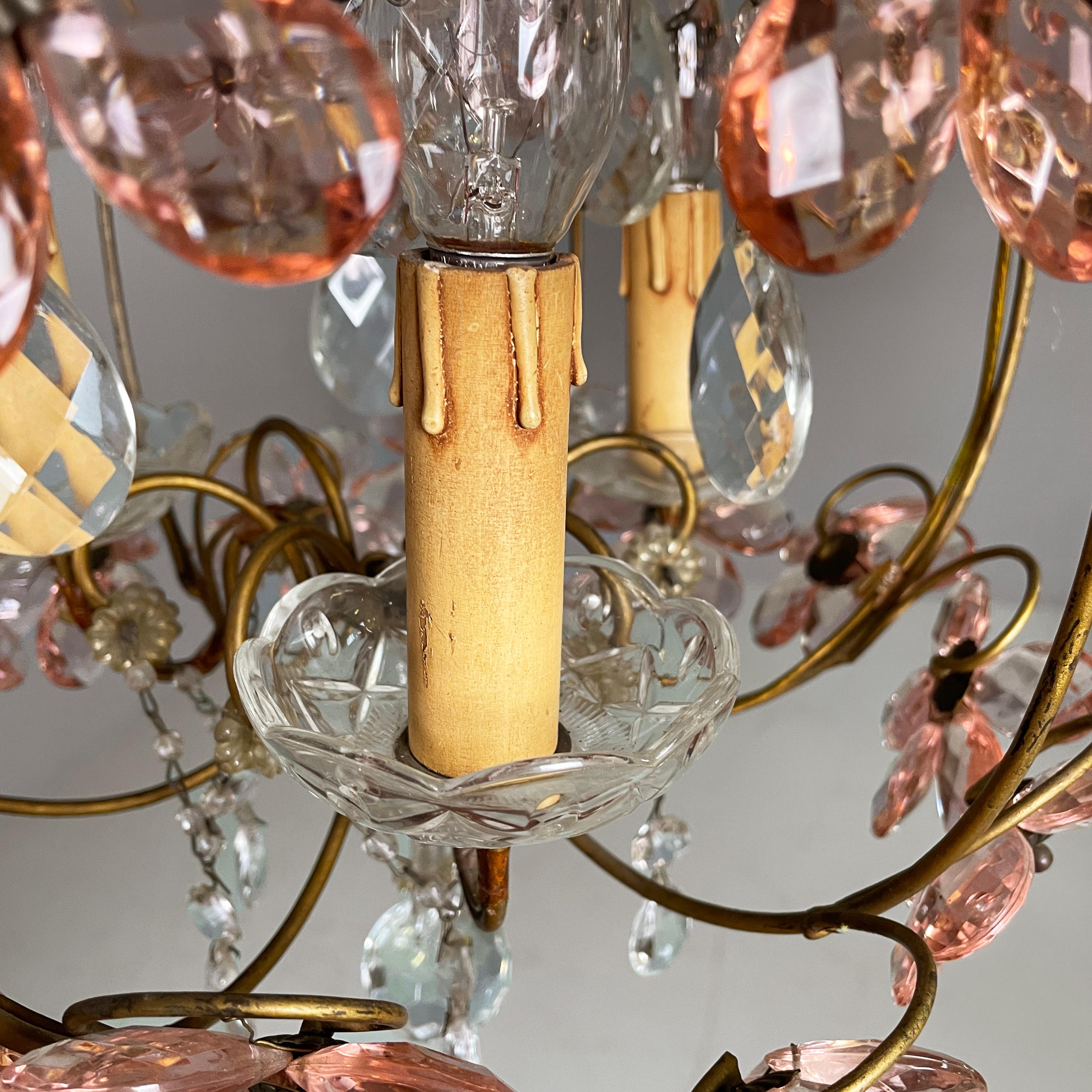 Lampadari italiani in stile Art Nouveau in vetro rosa di Murano e ottone, inizio '900 in vendita 7