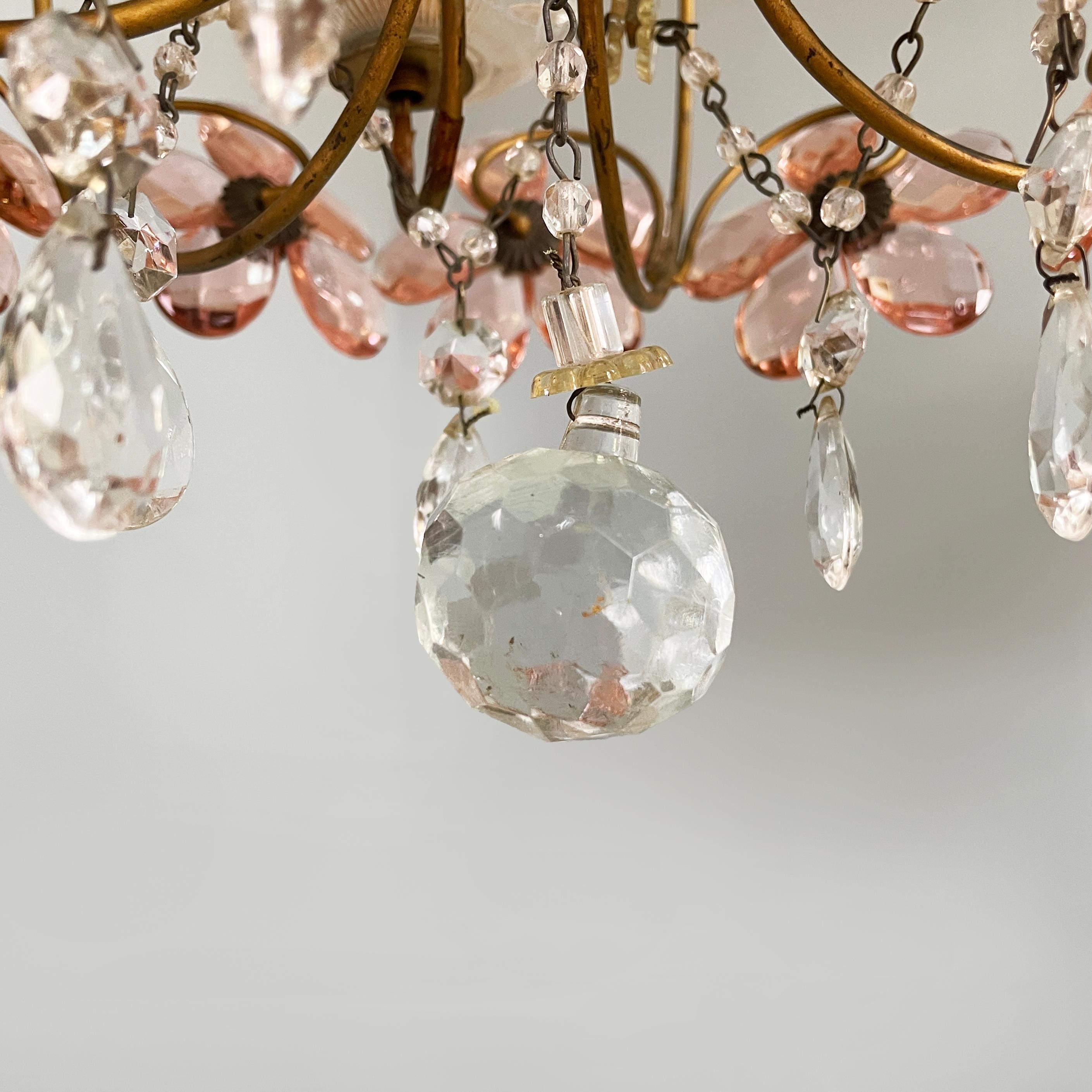 Lampadari italiani in stile Art Nouveau in vetro rosa di Murano e ottone, inizio '900 in vendita 8