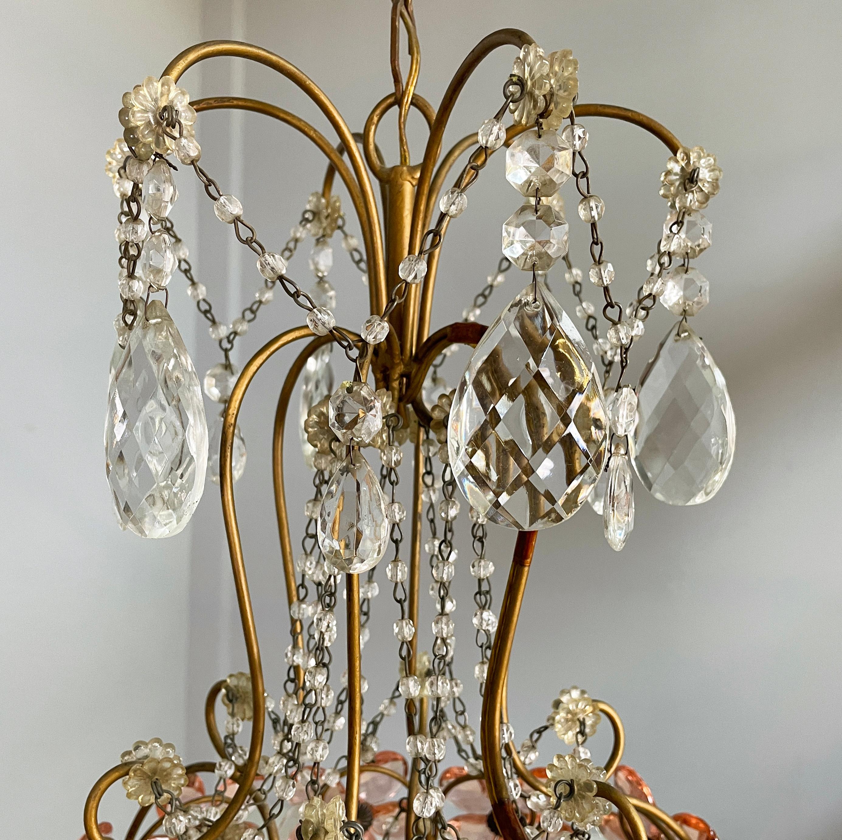 Lampadari italiani in stile Art Nouveau in vetro rosa di Murano e ottone, inizio '900 in vendita 10