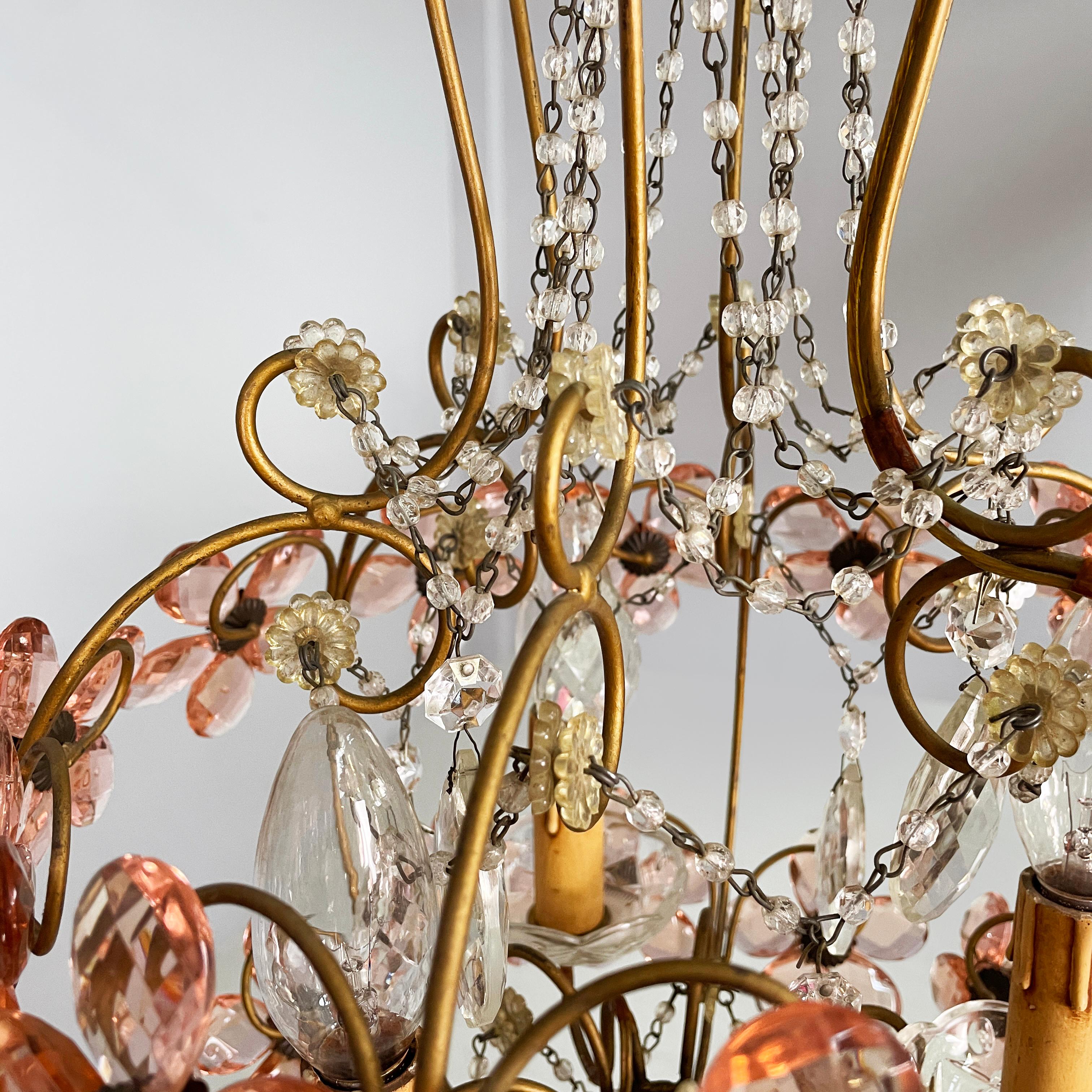 Lampadari italiani in stile Art Nouveau in vetro rosa di Murano e ottone, inizio '900 in vendita 11