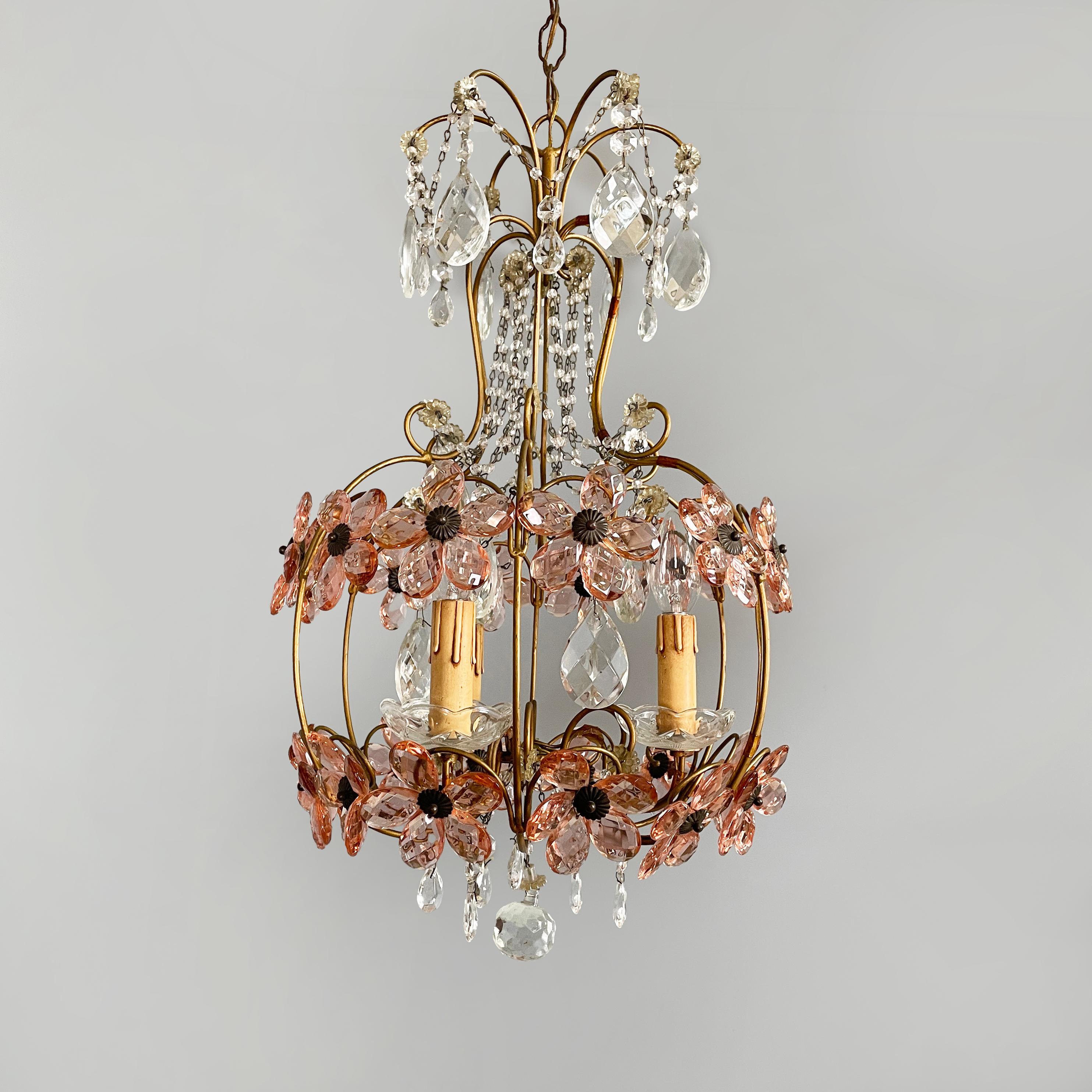 Italiano Lampadari italiani in stile Art Nouveau in vetro rosa di Murano e ottone, inizio '900 in vendita