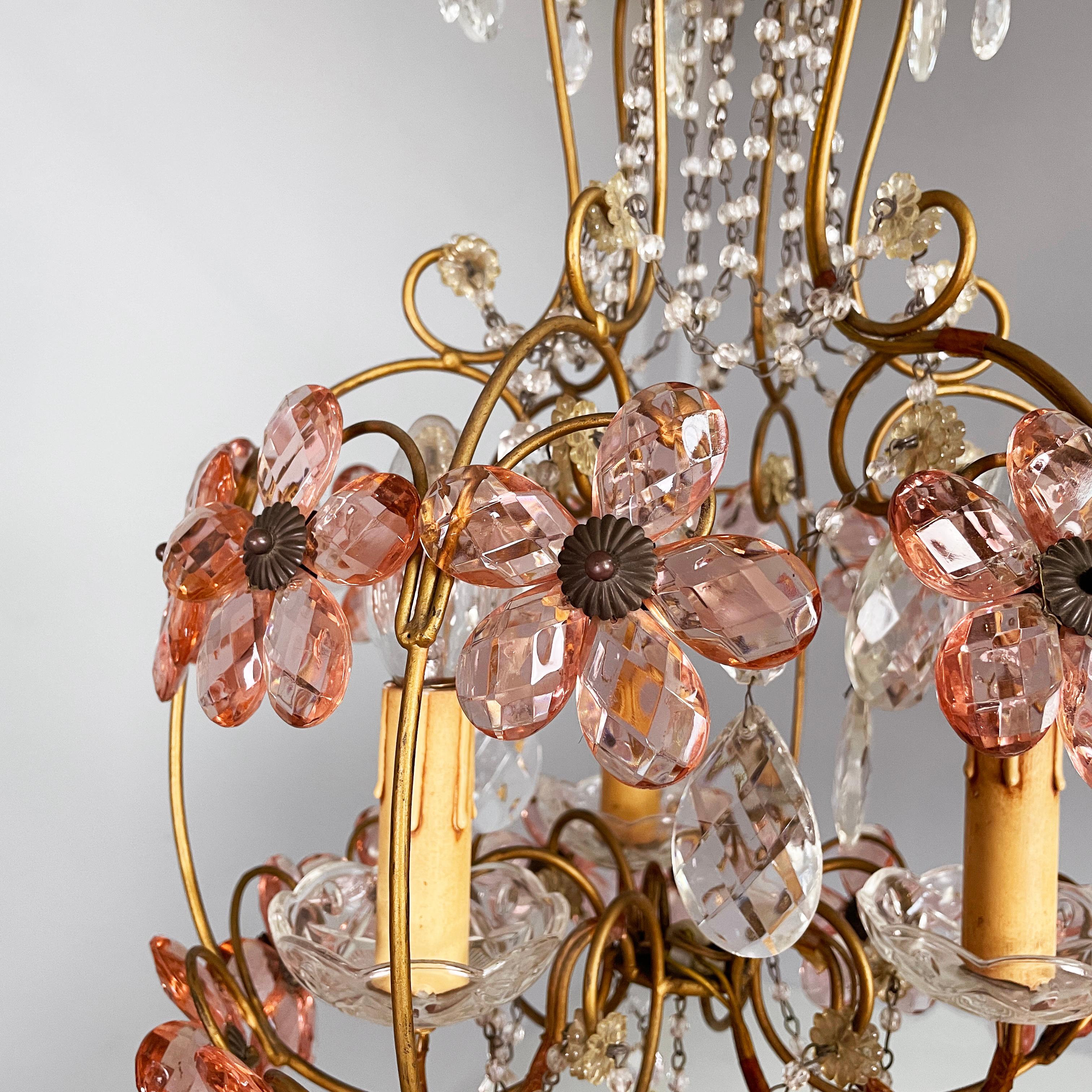 Vetro Lampadari italiani in stile Art Nouveau in vetro rosa di Murano e ottone, inizio '900 in vendita