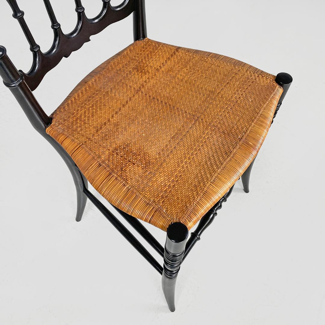 Italian Art Nouveau Chiavarina chairs in black wood and wicker, early 1900s For Sale 11
