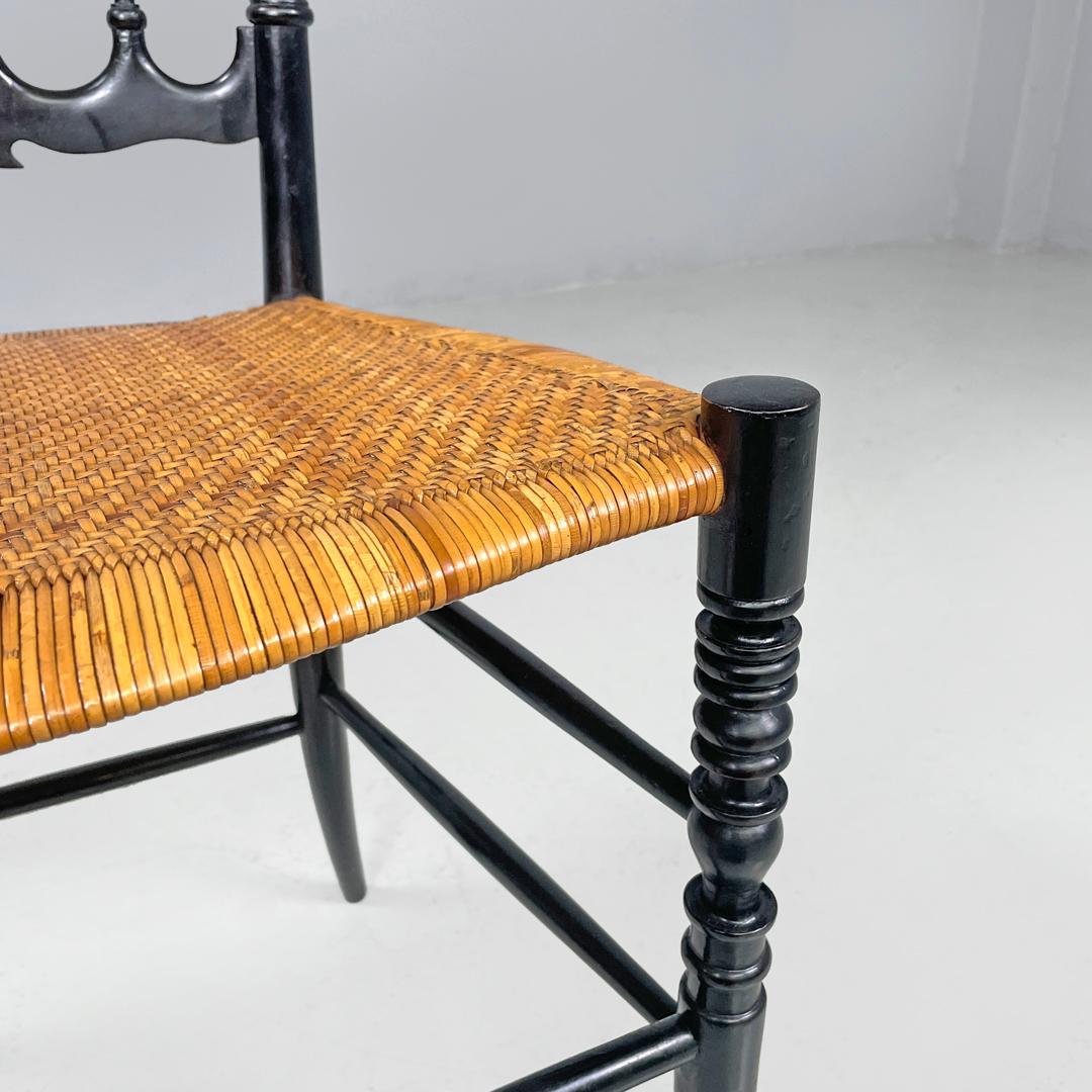 Italian Art Nouveau Chiavarina chairs in black wood and wicker, early 1900s For Sale 12