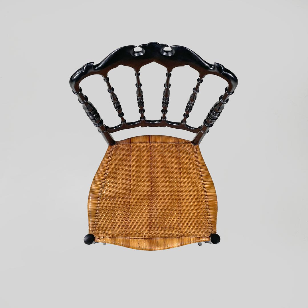 Italian Art Nouveau Chiavarina chairs in black wood and wicker, early 1900s For Sale 2