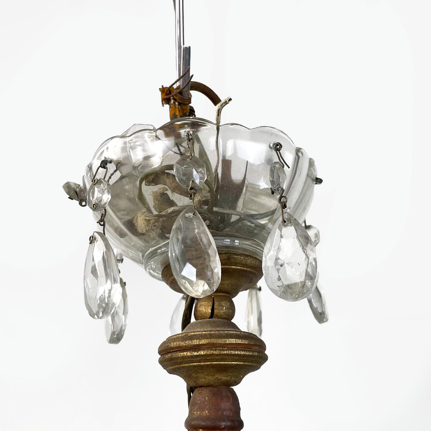 Italian art nouveau crystal drops golden wrought iron wood chandelier, 1900s 7