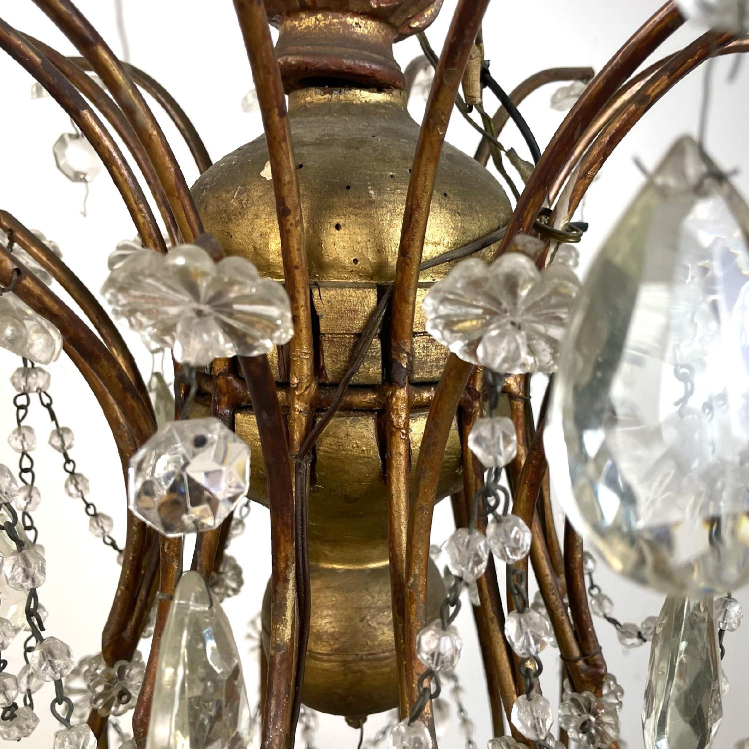 Italian art nouveau crystal drops golden wrought iron wood chandelier, 1900s 11