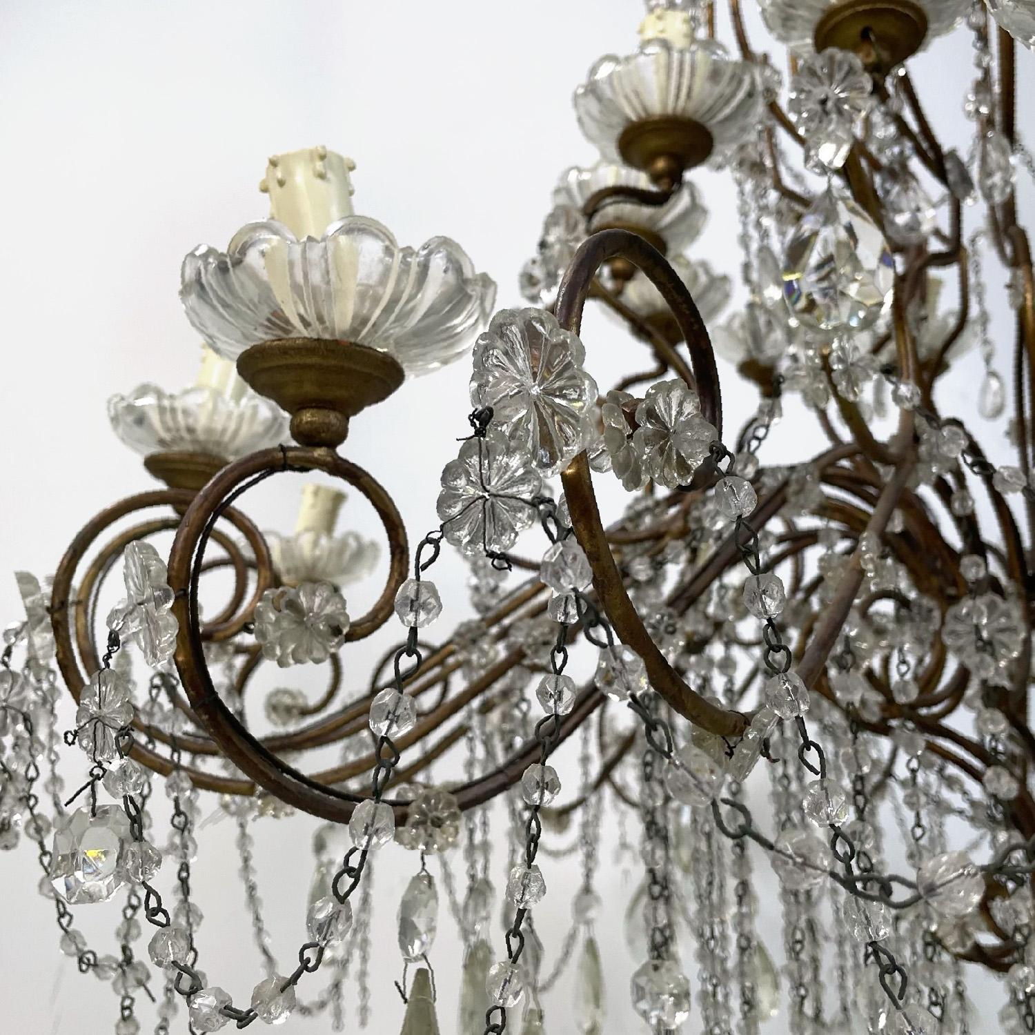 Italian art nouveau crystal drops golden wrought iron wood chandelier, 1900s 2