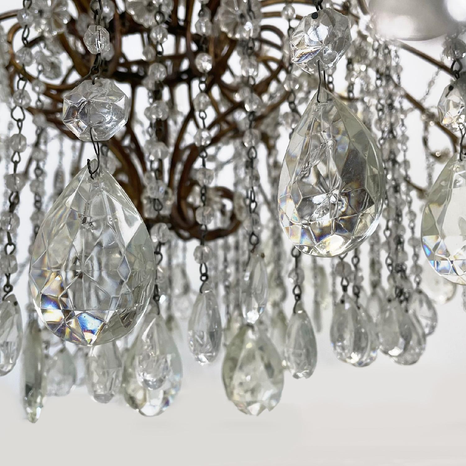 Italian art nouveau crystal drops golden wrought iron wood chandelier, 1900s 3