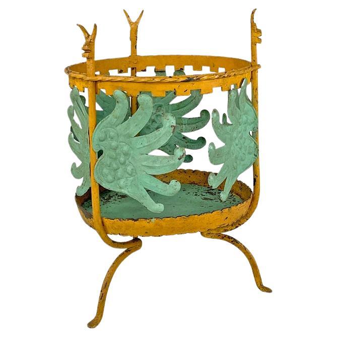 Italian Art Nouveau green yellow wrought iron vase holder with decorations 1900s For Sale