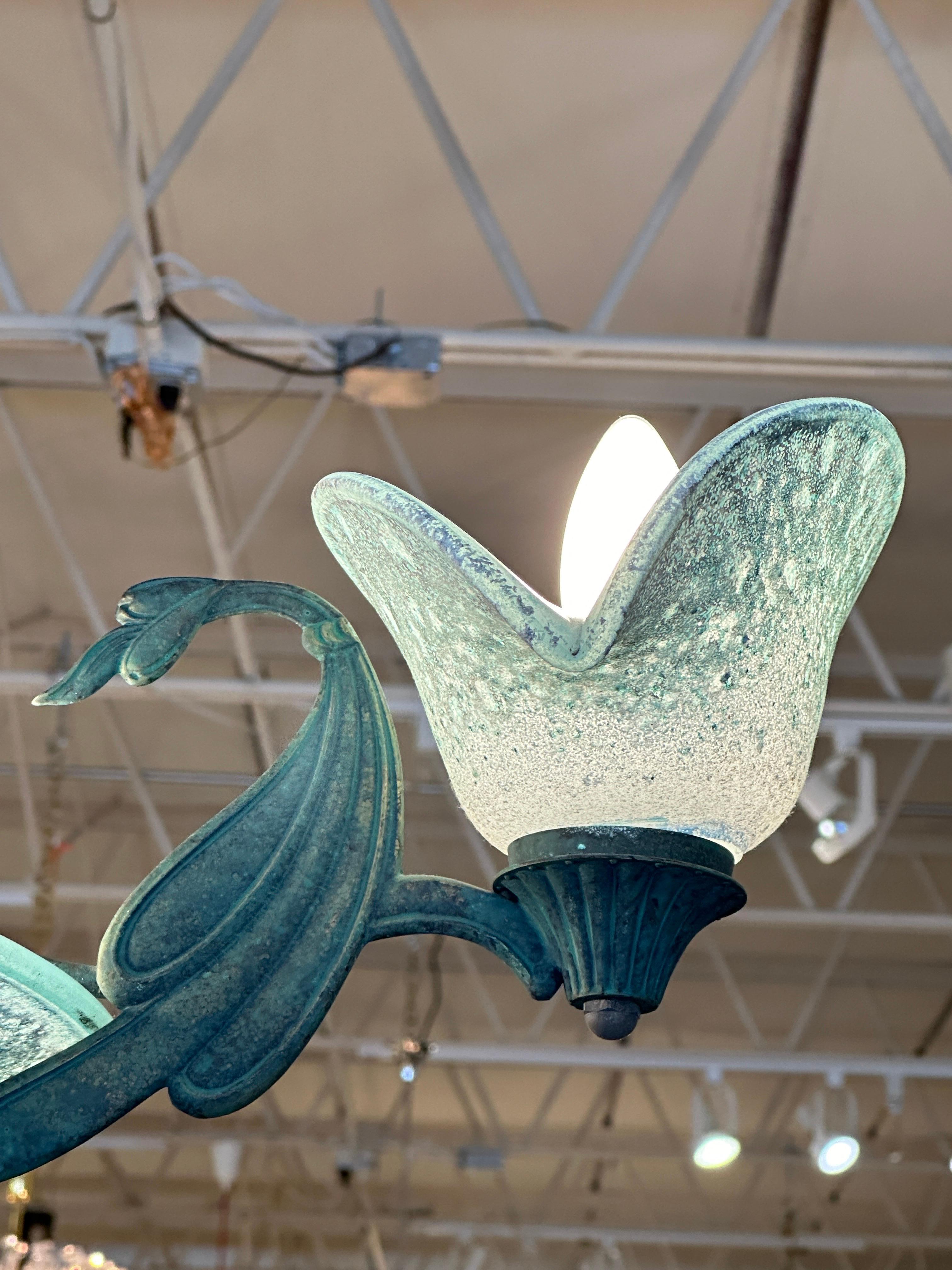 Italian Art Nouveau Verdigris Bonze and Frosted Glass Chandelier In Good Condition For Sale In East Hampton, NY